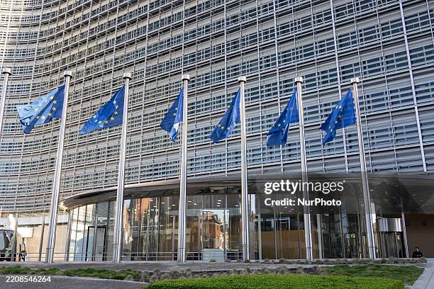 Flags of Europe as seen waving from the flagpoles. The European Flag is the symbol of Council of Europe COE and the European Union EU as seen in the...