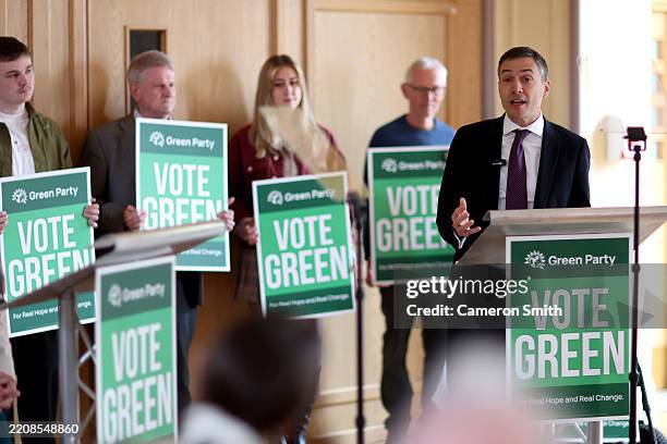 Co-leader of the Green Party, Adrian Ramsay, speaks during The Green Party local election launch on April 8, 2025 in Kenilworth, England. The local...