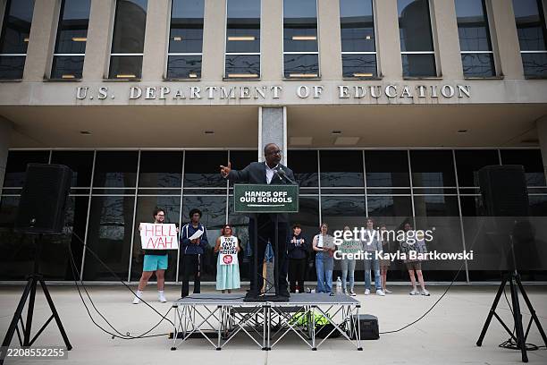 Former Rep. Jamaal Bowman speaks during the "Hands Off Our Schools" rally in front of the U.S. Department of Education on April 04, 2025 in...