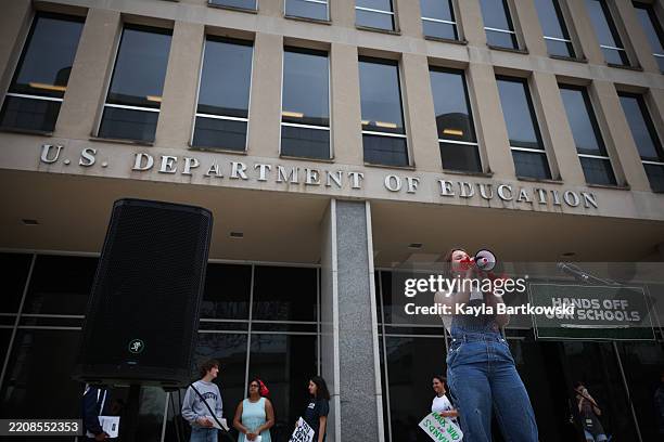 Student protestors shout during the "Hands Off Our Schools" rally in front of the U.S. Department of Education on April 04, 2025 in Washington, DC....