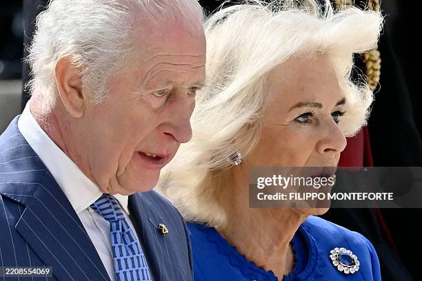 Britain's King Charles III and Britain's Queen Camilla attend a ceremony at the Altar of the Fatherland in Rome, on April 8, 2025. King Charles III...