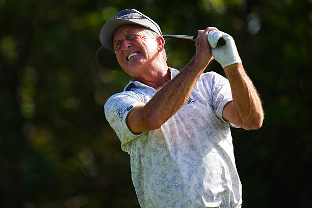 Fred Funk takes his shot on the 9th tee during the first round of the James Hardie Pro-Football Hall of Fame Invitational 2025 at The Old Course at...