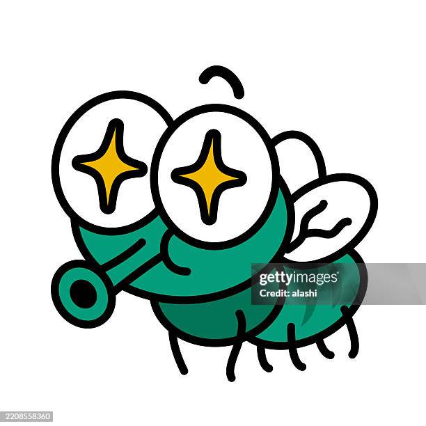 a cute cartoon fly with sparkling eyes, approaching the target. three-quarter front view, black outline with flat colors, minimalist style - cartoon-characters-with-big-noses stock illustrations