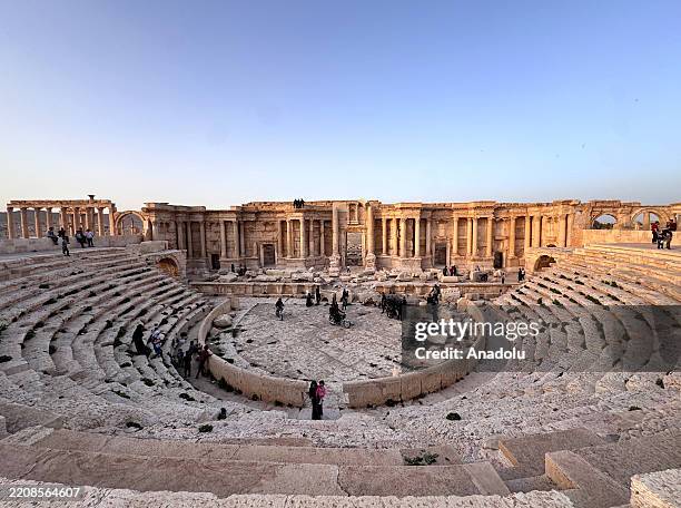 View of the ruins of Palmyra ancient city as it still carries the traces of war, on April 04 near the modern city of Tadmur, in Homs Governorate,...