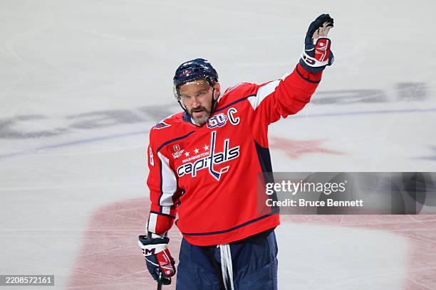 Alex Ovechkin of the Washington Capitals reacts after scoring his 894th career goal in the third period against the Chicago Blackhawks at Capital One...