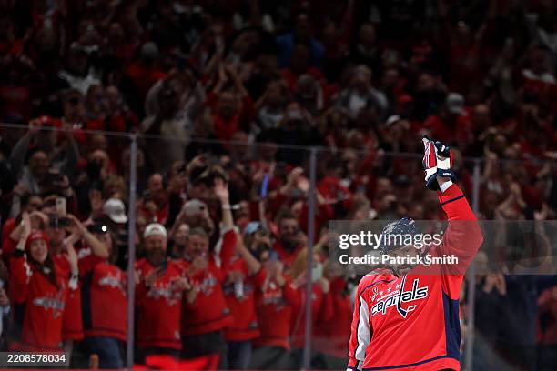 Alex Ovechkin of the Washington Capitals celebrates after scoring his 894th career NHL goal in the third period against the Chicago Blackhawks at...