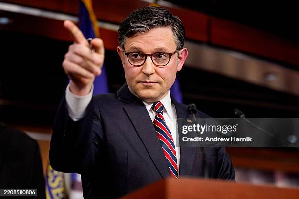 Speaker of the House Mike Johnson takes a question from a reporter during a news conference following a House Republican caucus meeting at the U.S....