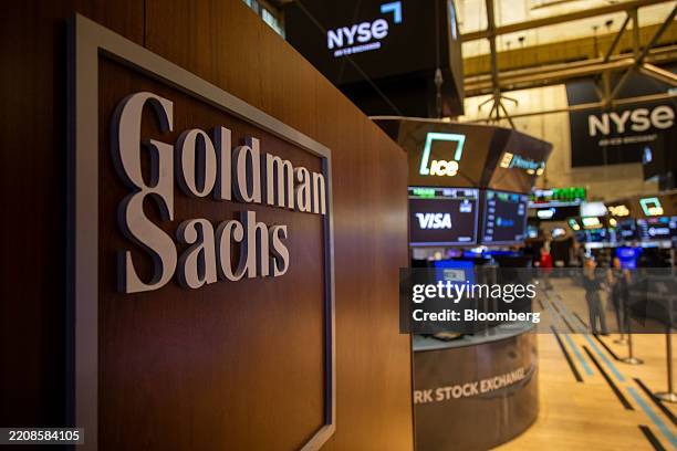 Goldman Sachs Group Inc. Signage on the floor of the New York Stock Exchange in New York, US, on Tuesday, April 8, 2025. Stocks surged at the fastest...