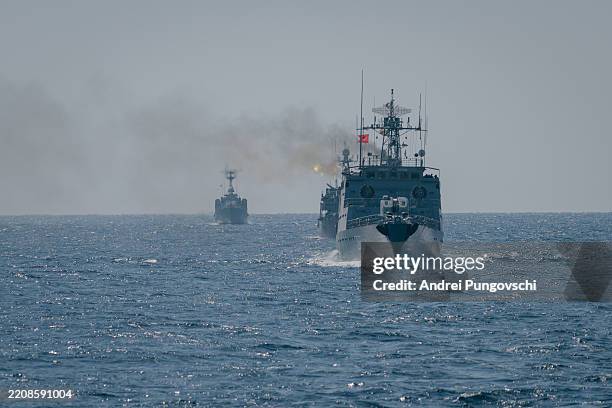 Romanian soldiers take part in the Sea Shield 25 multinational military exercise on board the frigate "Regina Maria" on April 8, 2025 in the Black...