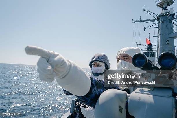 Romanian soldiers take part in the Sea Shield 25 multinational military exercise on board the frigate "Regina Maria" on April 8, 2025 in the Black...