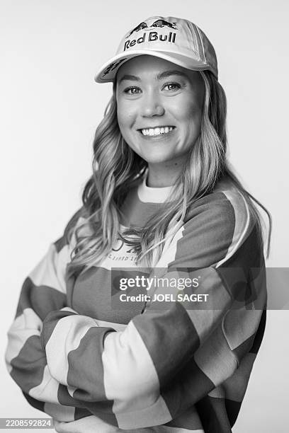 French freestyle skier Tess Ledeux poses during a photo session in Paris on April 8, 2025.