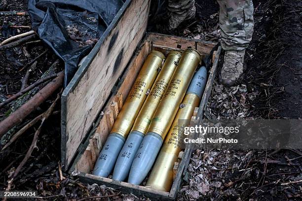 Box with shells is on the ground during a combat mission of an artillery unit of the 108th Territorial Defence Brigade in the Zaporizhzhia direction,...