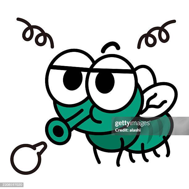 a cute cartoon fly, feeling annoyed and bored, sighing. three-quarter front view, black outline with flat colors, minimalist style - cartoon-characters-with-big-noses stock illustrations
