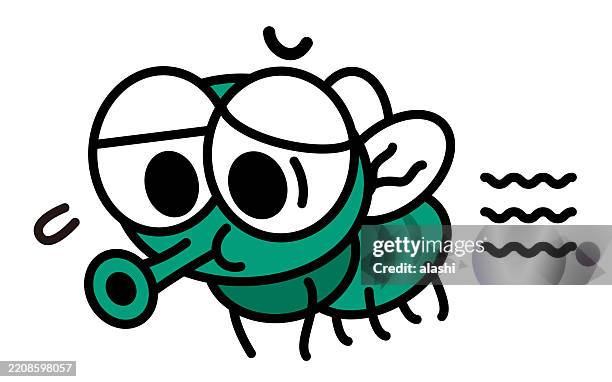a cute cartoon fly, feeling tired and frustrated. three-quarter front view, black outline with flat colors, minimalist style - cartoon-characters-with-big-noses stock illustrations
