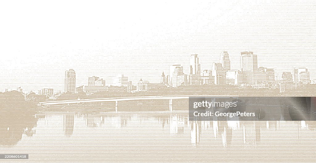 City skyline with river and bridge