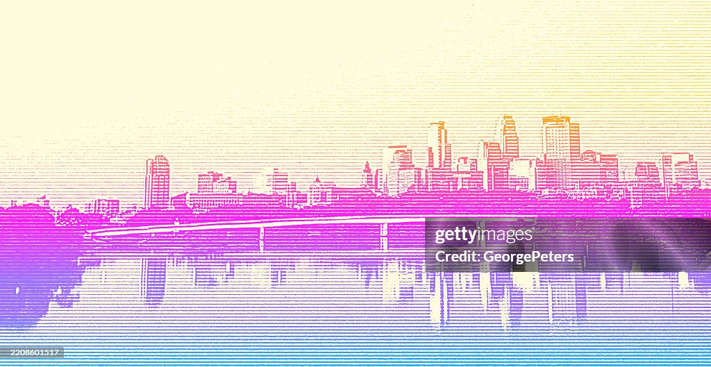 City skyline with river and bridge