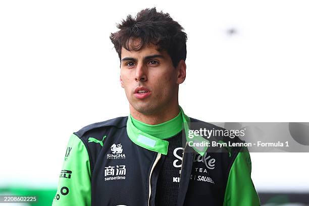 Seventeenth placed qualifier Gabriel Bortoleto of Brazil and Stake F1 Team Kick Sauber looks on in the Pitlane during qualifying ahead of the F1...