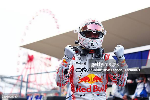 Pole position qualifier Max Verstappen of the Netherlands and Oracle Red Bull Racing celebrates in parc ferme during qualifying ahead of the F1 Grand...