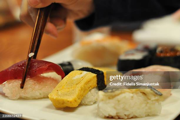 different array of fresh sushi served on a white plate - sake nigiri fotografías e imágenes de stock