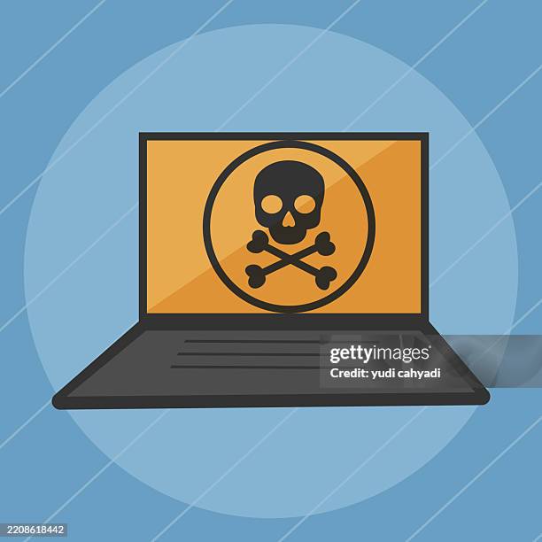 ilustraciones, imágenes clip art, dibujos animados e iconos de stock de ilustración del concepto de amenaza de ciberseguridad con calavera y huesos cruzados en la pantalla de la computadora portátil - ransomware