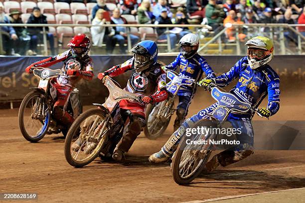 Brady Kurtz of Belle Vue 'ATPI' Aces and Norick Blodorn of Belle Vue 'ATPI' Aces tussle with Niels-Kristian Iversen of PSH Environmental Ltd' Stars...