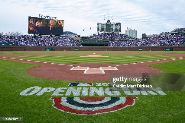Field level general view of the Opening Day logo behind home plate before a game between the Chicago Cubs and the San Diego Padres at Wrigley Field...