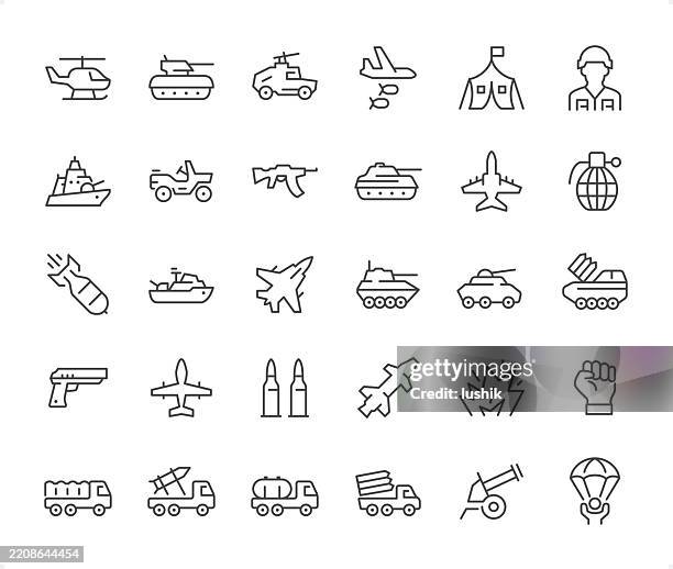 ilustraciones, imágenes clip art, dibujos animados e iconos de stock de conjunto de iconos militares y de vehículos militares. grosor de trazo editable. iconos de píxeles perfectos. - ejército de tierra