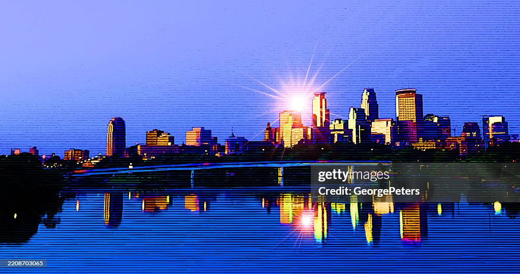 City skyline with river and bridge