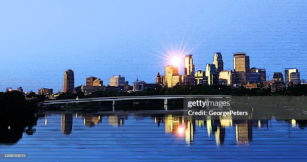 City skyline with river and bridge