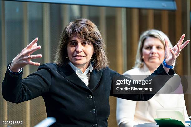 Helene Rey, a professor of economics at London Business School, speaks during the Globalization and Geo-Economic Fragmentation conference in...