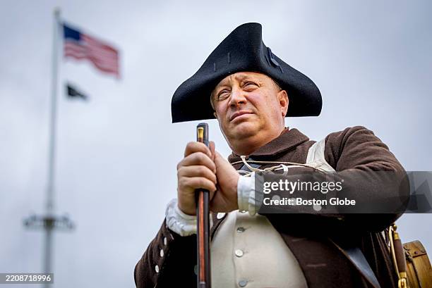 Lexington, MA American Revolution reenactor Steve Cole portrays Captain John Parker at the Lexington Battle Green.