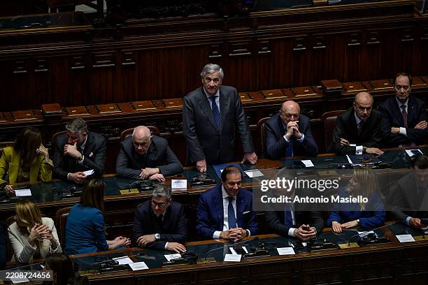 Italian Minister of Foreign Affairs Antonio Tajani attend a special Joint ceremony with King Charles III at the Italian Parliament during day three...