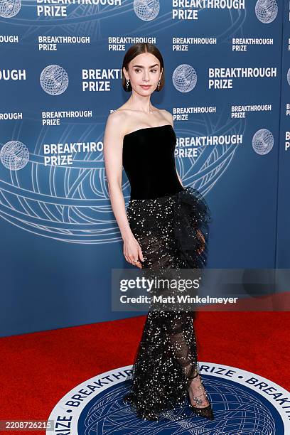 Lily Collins attends the 11th Breakthrough Prize Ceremony at Barker Hangar on April 05, 2025 in Santa Monica, California.
