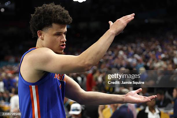 Walter Clayton Jr. #1 of the Florida Gators celebrates after the second half in the Final Four game of the NCAA Men's Basketball Tournament against...