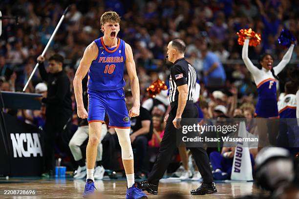 Thomas Haugh of the Florida Gators reacts to a play during the second half in the Final Four Game of the NCAA Men's Basketball Tournament at...