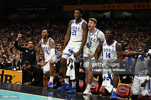 Patrick Ngongba II of the Duke Blue Devils reacts to a play during the first half in the Final Four Game of the NCAA Men's Basketball Tournament at...