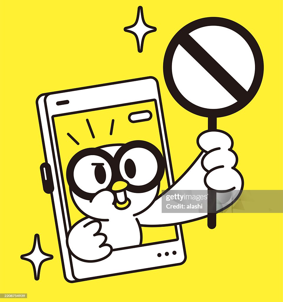 Un oiseau mignon, portant de grandes lunettes, apparaît sur l’écran d’un smartphone, tenant un panneau d’interdiction et parlant avec colère. Vue de face de trois quarts, contour noir avec des couleurs plates, style minimaliste
