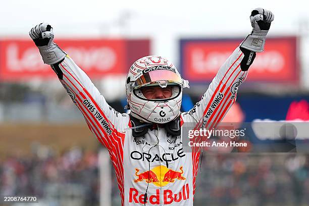 Race winner Max Verstappen of the Netherlands and Oracle Red Bull Racing celebrates in parc ferme during the F1 Grand Prix of Japan at Suzuka Circuit...