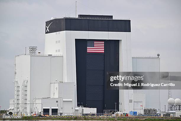 Part of the SpaceX facility is seen at NASA Kennedy Space Center ahead of the United Launch Alliance Atlas V rocket carrying Amazon Project Kuiper...