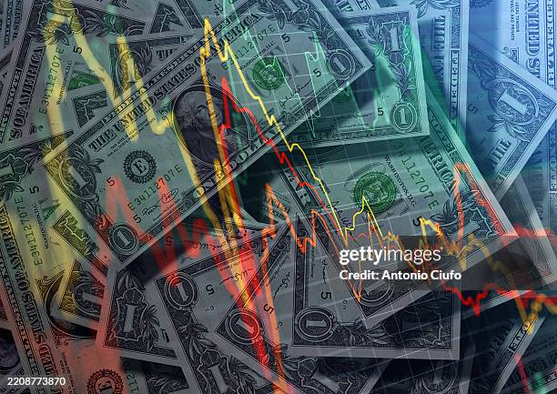 us dollars and stock market indicators - concept of american economic trends - bruttoinlandsprodukt stock-fotos und bilder