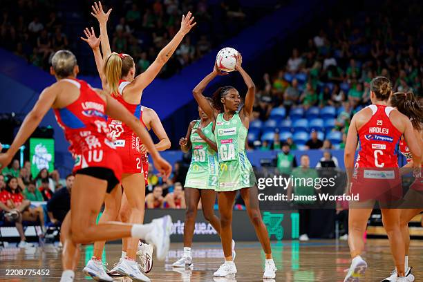 Shanice Beckford of the Fever looks for passing options during the round one Super Netball match between West Coast Fever and NSW Swifts at RAC...