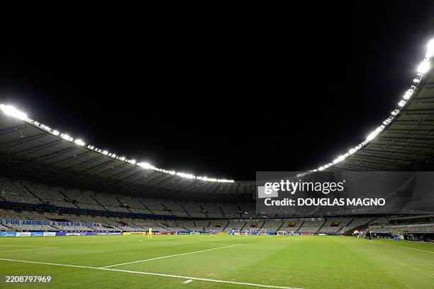 This general view shows the empty stands of the stadium during the Copa Sudamericana group stage football match between Brazil's Cruzeiro and...