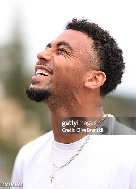 Arthur Fils of France laughs as he speaks to the media during day one of the Rolex Monte-Carlo Masters at Monte-Carlo Country Club on April 06, 2025...