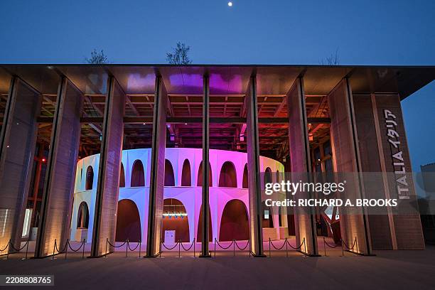 The Italy pavilion is pictured during a media preview day for the 2025 Osaka Expo in the city of Osaka on April 9 four days before the event opens to...