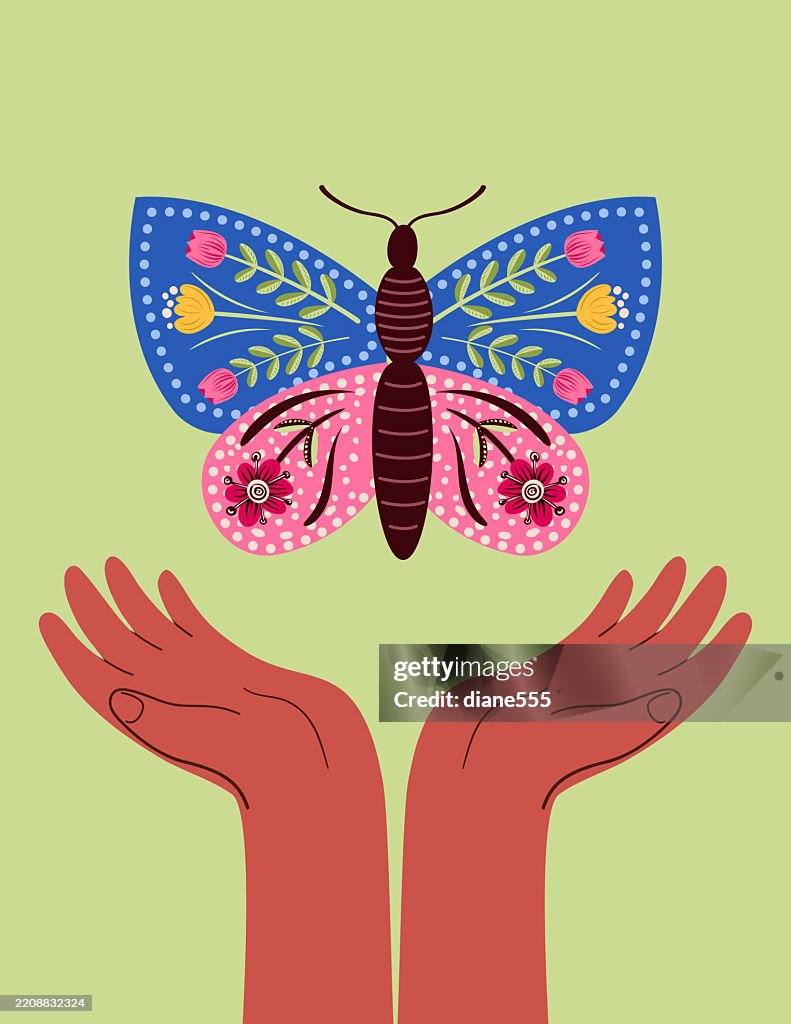 African American Hands Holding Butterflies In The Sky. Environment Concept