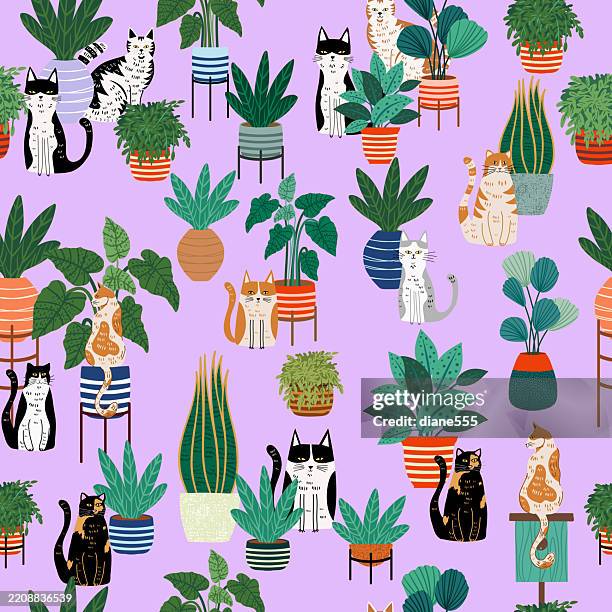 cute cartoon cats and houseplants seamless background pattern - tabby cat vector stock illustrations