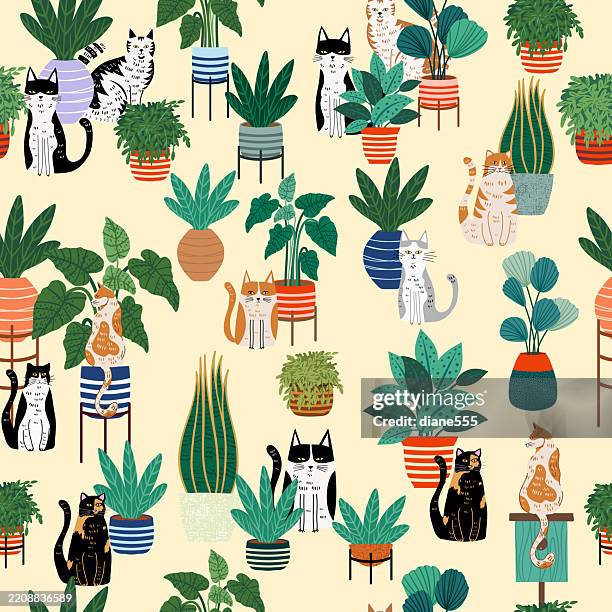 niedliche cartoon-katzen und zimmerpflanzen nahtloses hintergrundmuster - clipart of cats stock-grafiken, -clipart, -cartoons und -symbole