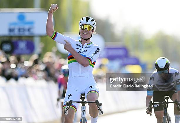 Lotte Kopecky of Belgium and Team SD Worx - Protime celebrates at finish line as race winner during the 22nd Ronde van Vlaanderen - Tour des Flandres...