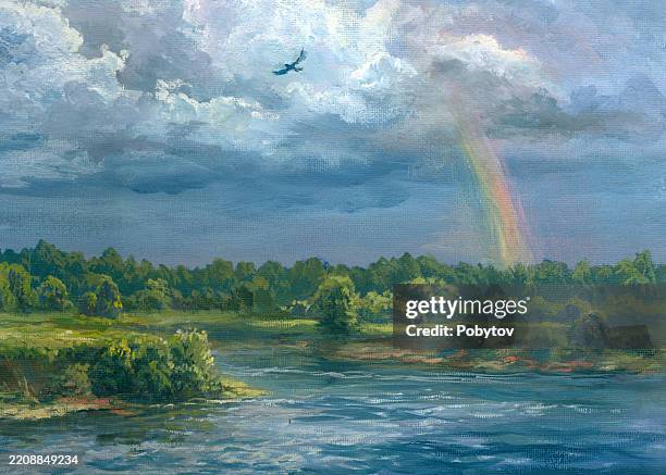 rainbow over the river, painting - oil painting stock illustrations