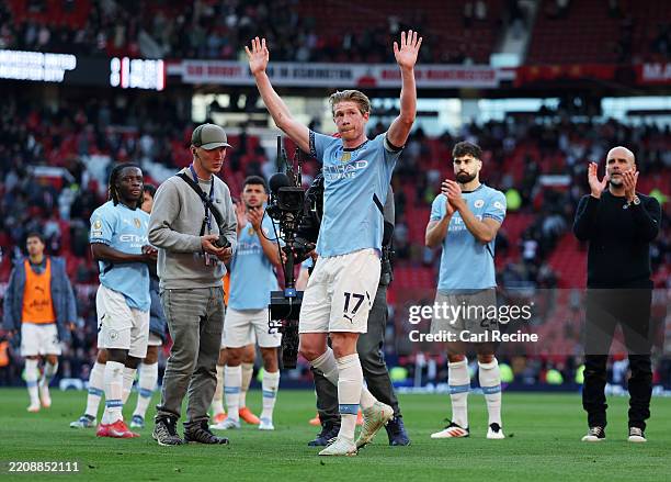 Kevin De Bruyne of Manchester City acknowledges the fans after the Premier League match between Manchester United FC and Manchester City FC at Old...